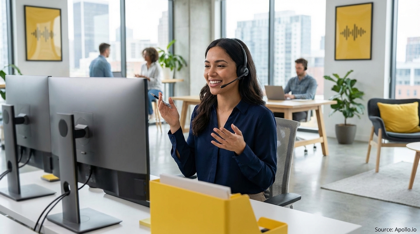 Sales development rep on a call wearing a professional headset planning outreach campaigns