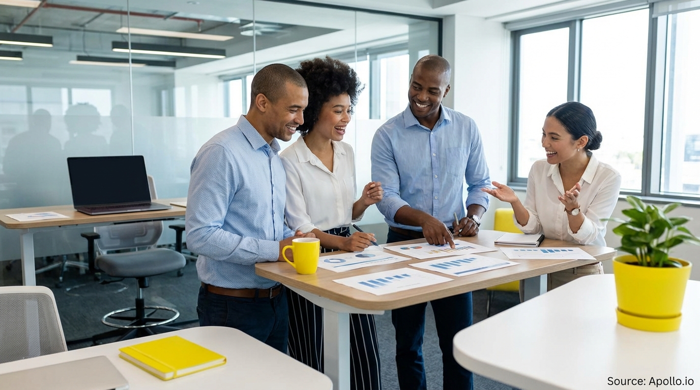 Sales team collaborating in a modern open-plan office in a sales team meeting