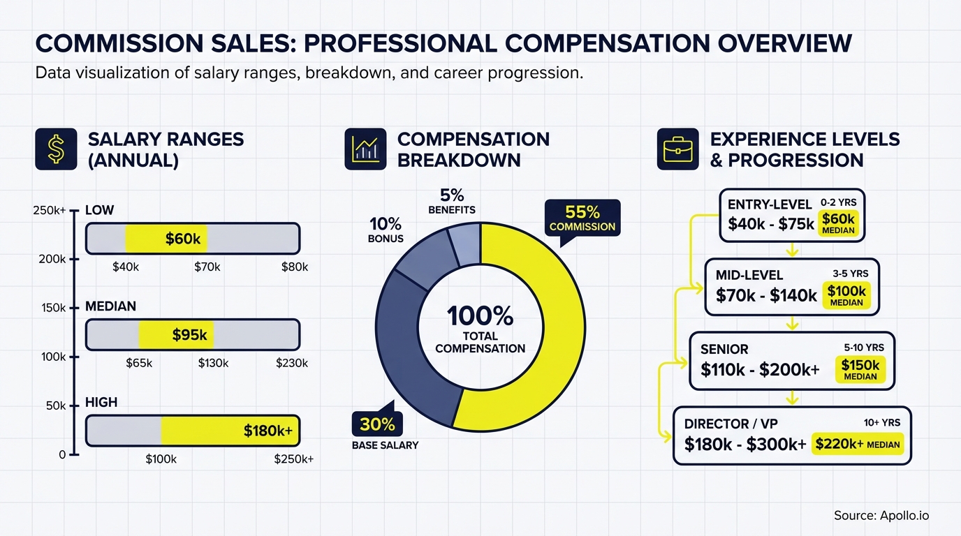Infographic showing sales professional salary ranges and compensation breakdown by experience level