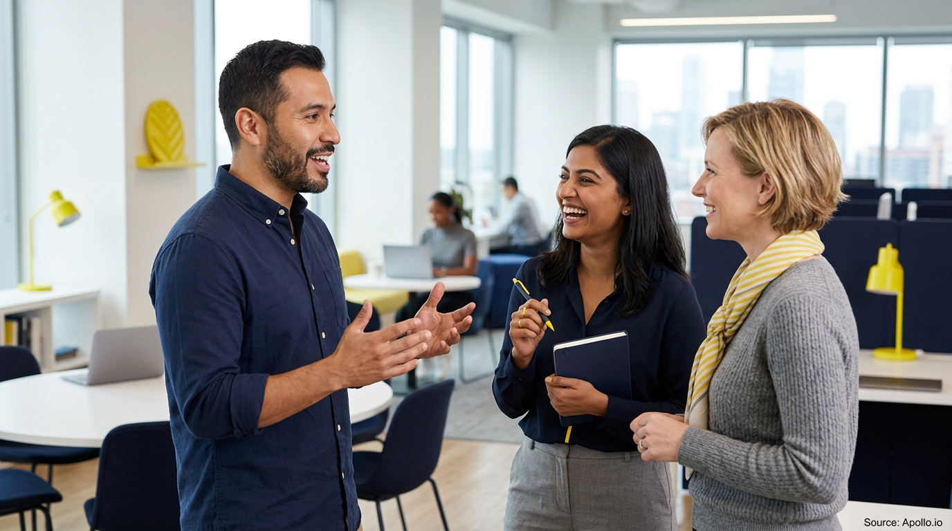 Three professionals talk and smile in a bright, modern open-plan office featuring collaborative furniture and workstations.