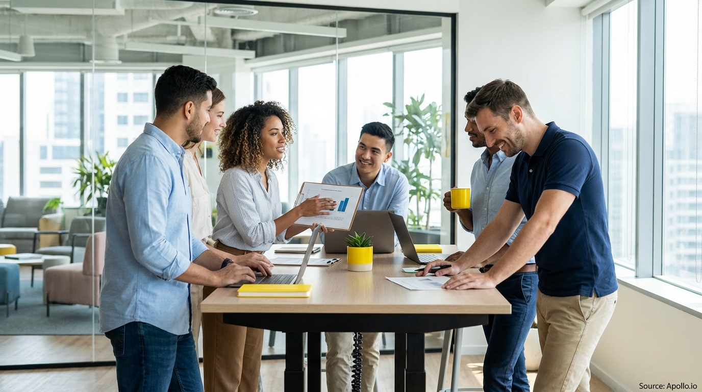 Sales team collaborating in a modern open-plan office in a sales team meeting