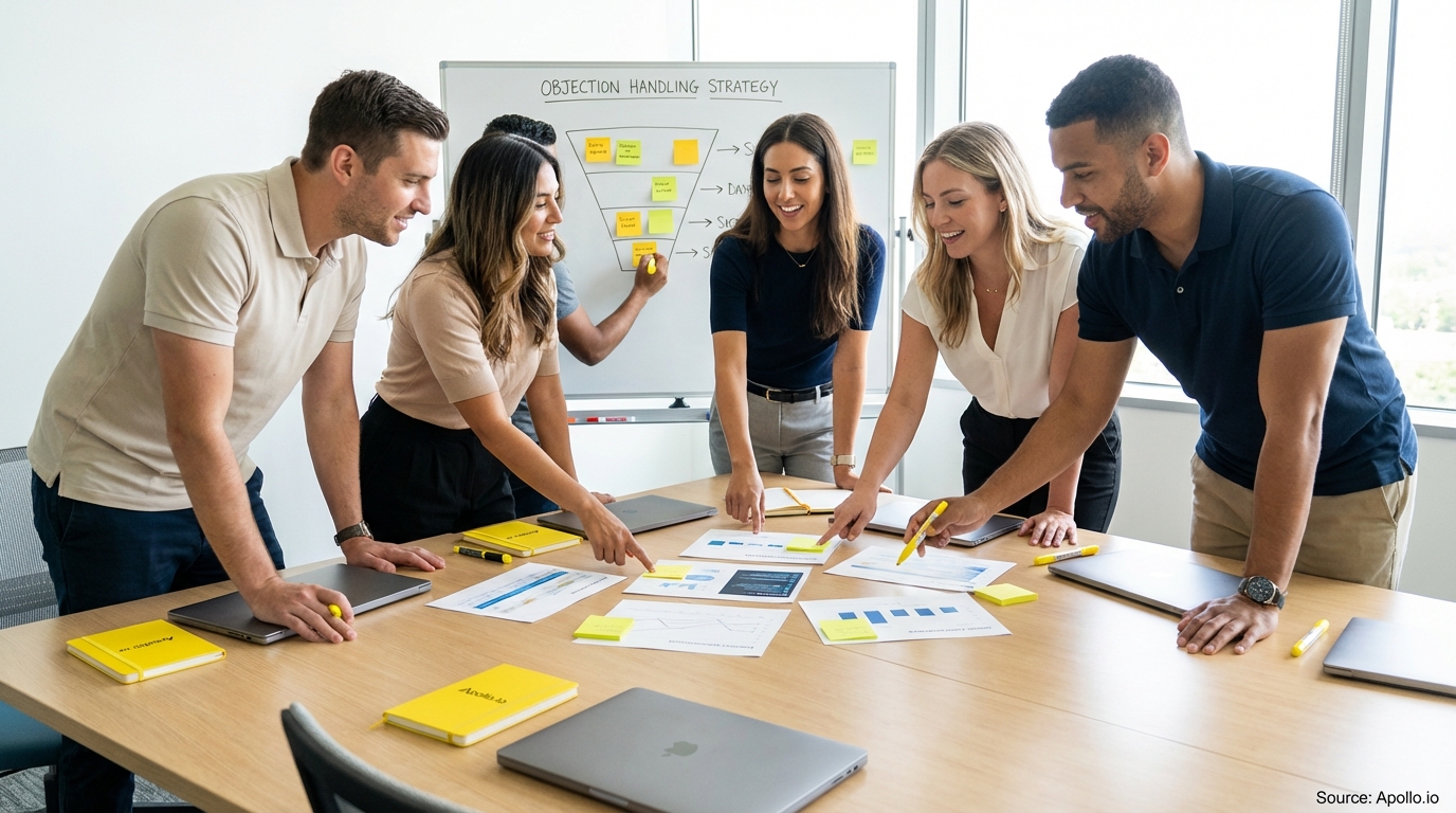 Sales professionals discussing strategy around a conference table in a sales team meeting