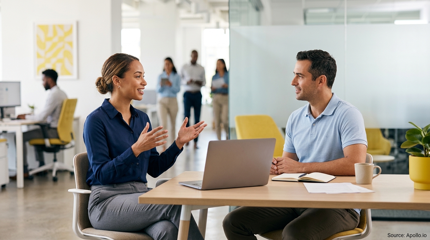 Two professionals discuss business strategy at a desk with a laptop in a bright, modern open-plan office.