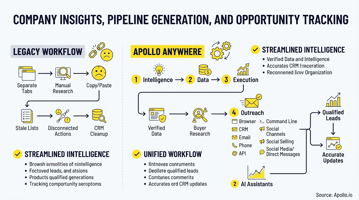 An infographic contrasts a fragmented legacy workflow with a streamlined, four-step process for sales intelligence and opportunity tracking.