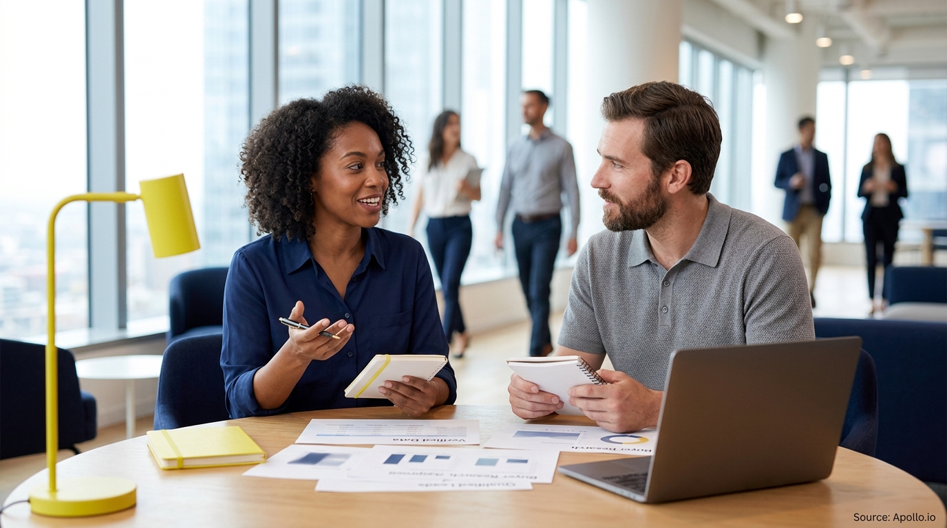 Two professionals review data reports and collaborate at a table in a bright, modern office.