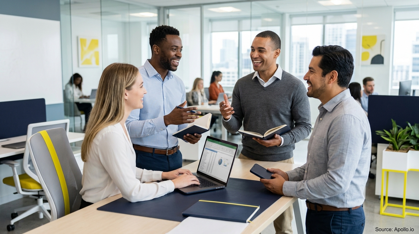 Four professionals collaborate over sales data on a laptop and notebooks in a bright, modern office.
