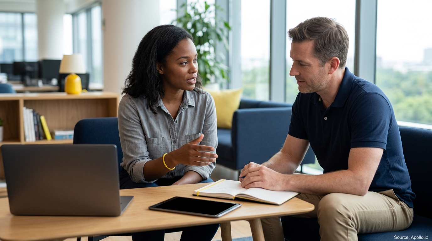 Two professionals collaborate at a wooden table with a laptop and notebook in a bright, modern office.
