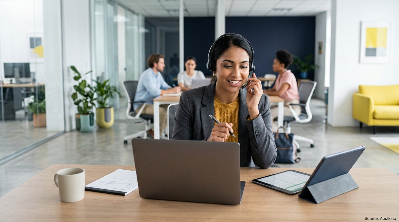 A woman wearing a headset talks at her desk while three coworkers work in a modern open office.