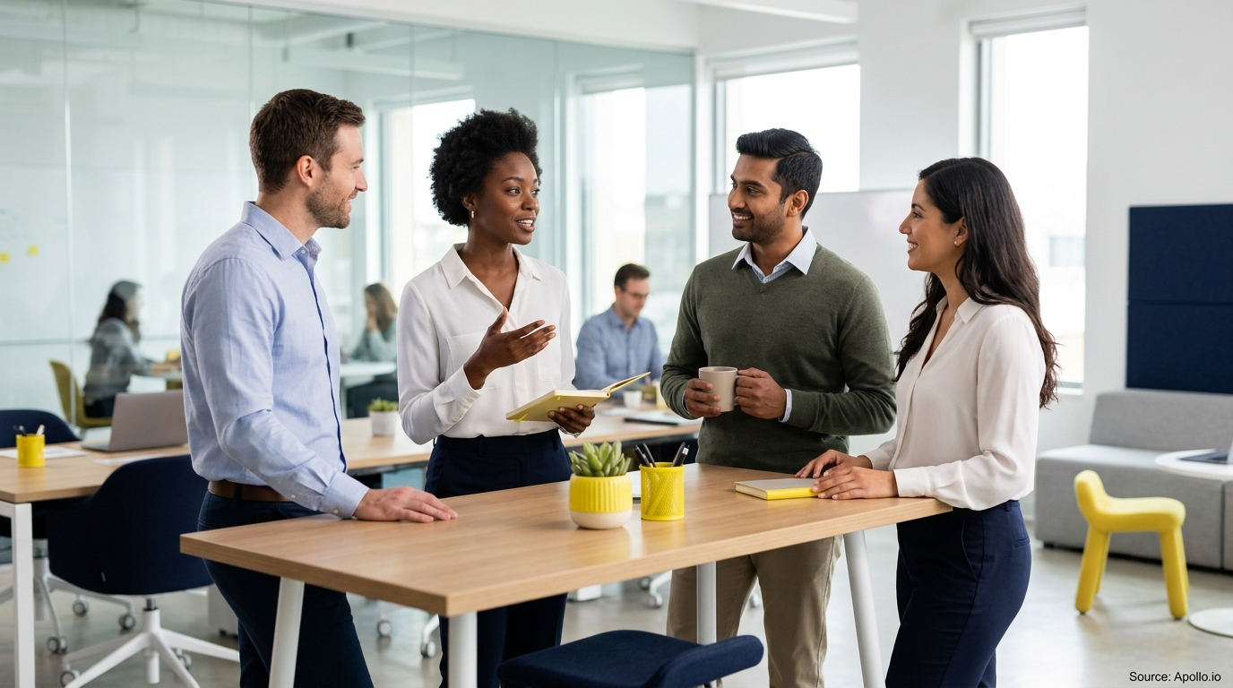 Four colleagues stand around a high table discussing work in a bright, modern office.