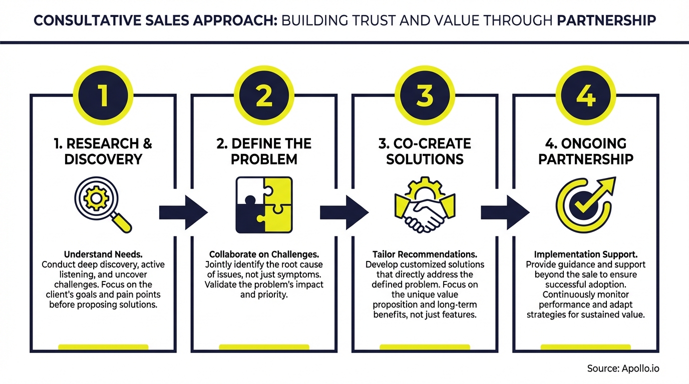 A four-step consultative sales approach diagram with icons and descriptive text.