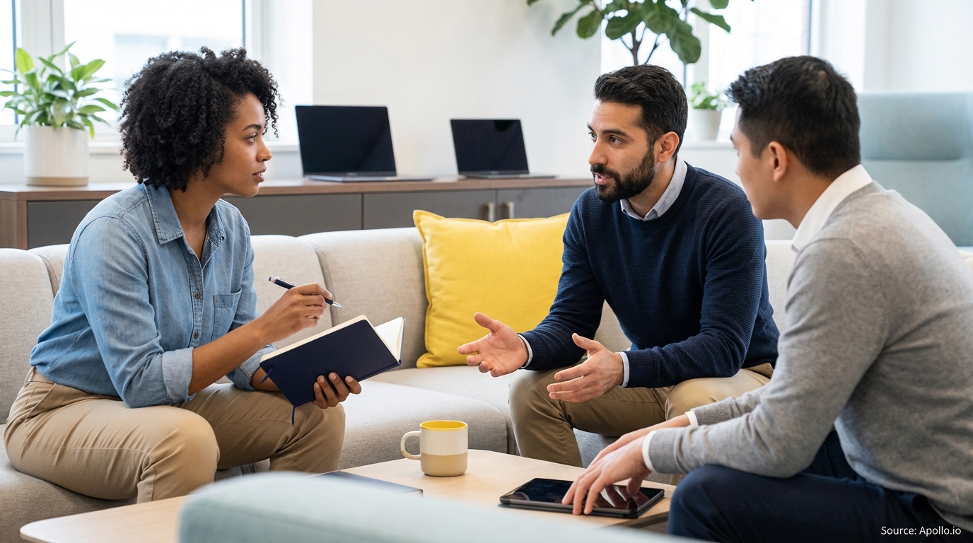 Three people discuss in a modern office lounge, one writing notes, another gesturing.