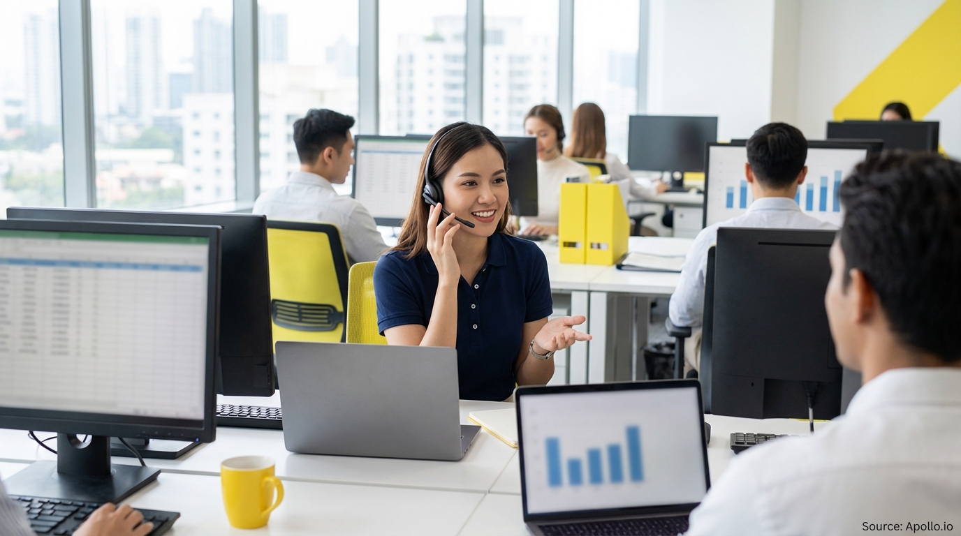 Sales development rep on a call wearing a professional headset analyzing performance data