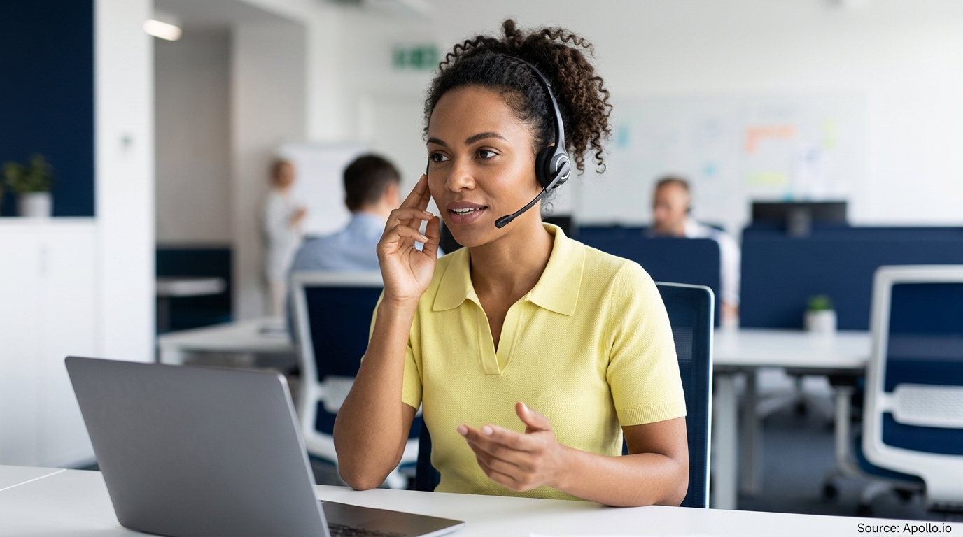 A professional woman wearing a headset talks at her laptop with colleagues in a modern office.