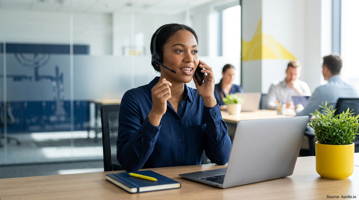 Four professionals work in a modern office, including a woman using a headset and mobile phone at her desk.
