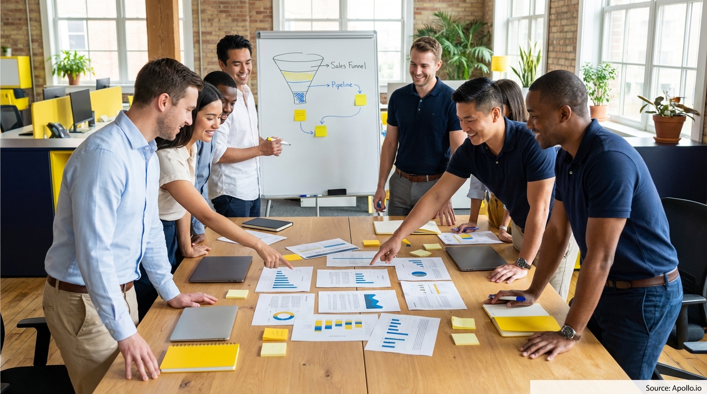 Sales professionals discussing strategy around a conference table in a sales team meeting