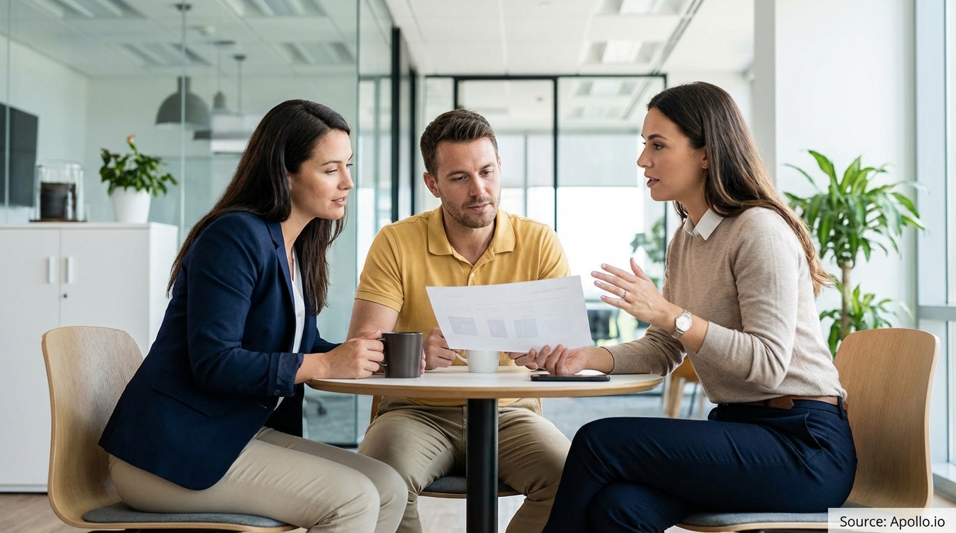 Three professionals discuss a document at a modern office table.