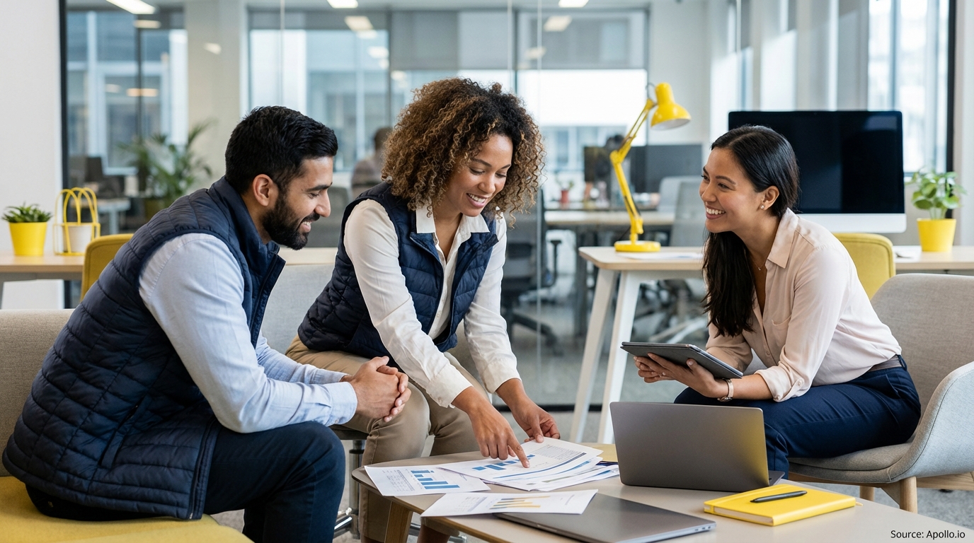 Three diverse professionals discuss documents and a tablet in a bright, modern office.