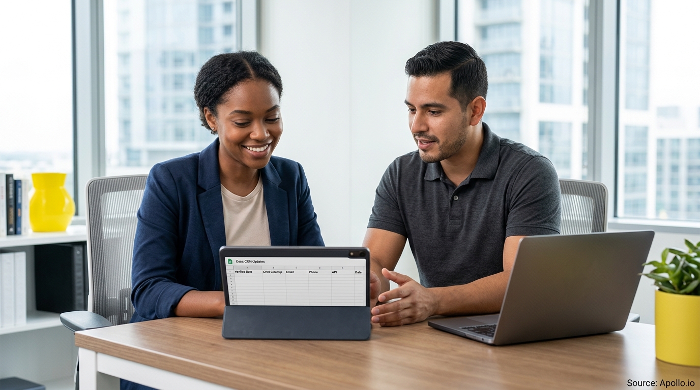 Two professionals in a modern office review a CRM spreadsheet on a tablet to update and enrich contact data.