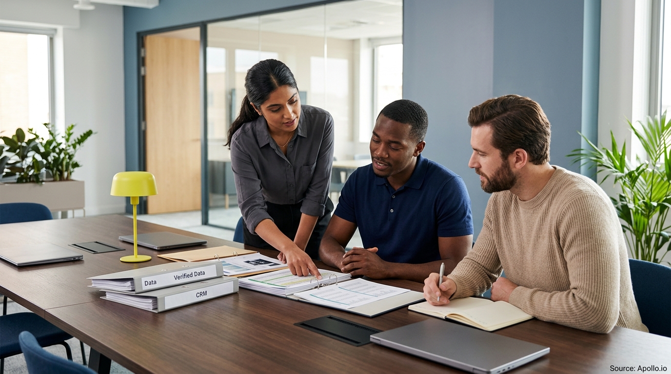 Three professionals review binders labeled Verified Data and CRM at a conference table in a bright office.