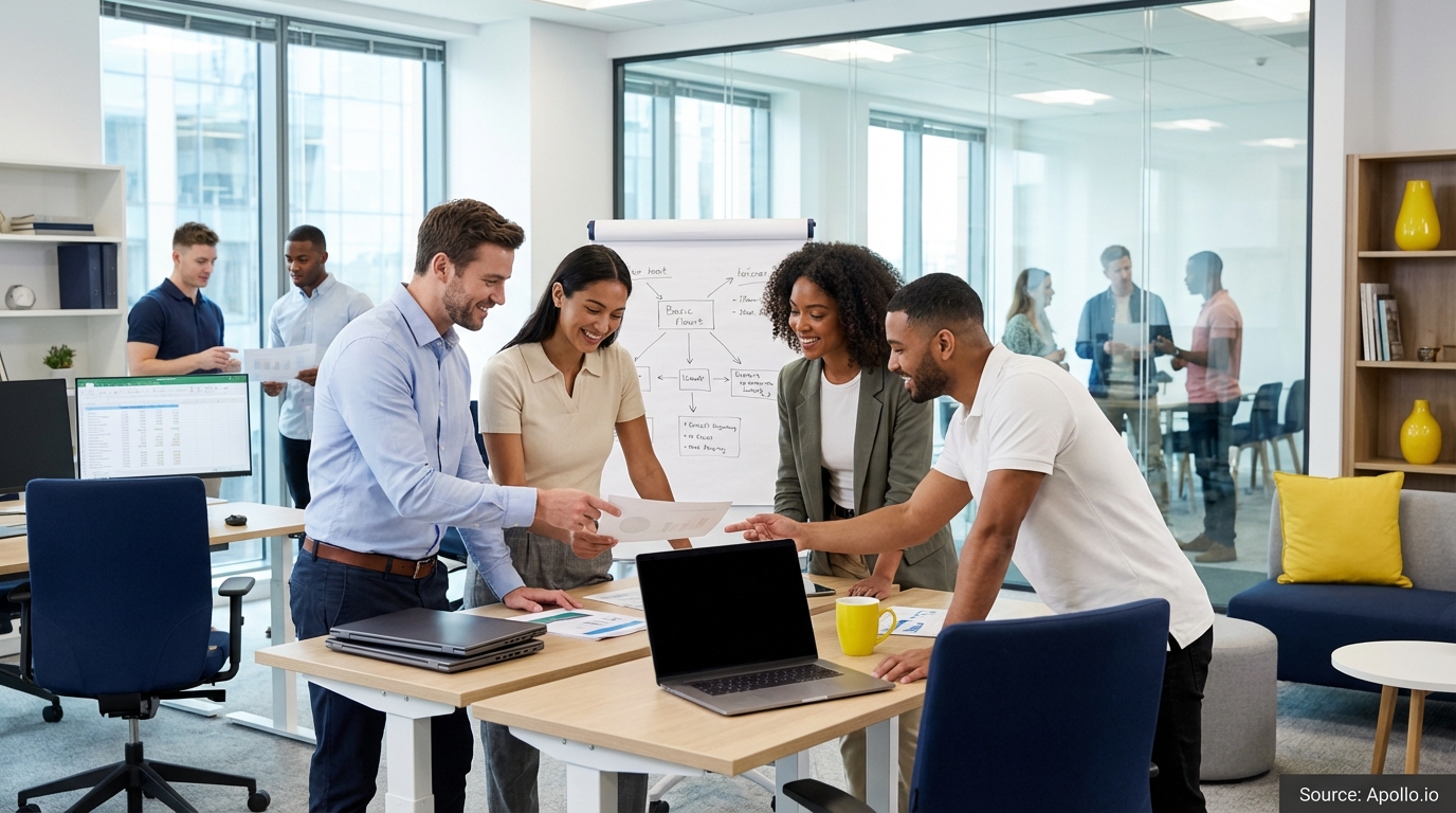 Sales team collaborating in a modern open-plan office optimizing CRM workflows