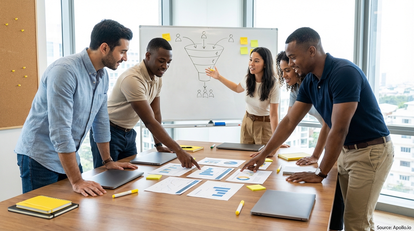 Sales professionals discussing strategy around a conference table optimizing CRM workflows