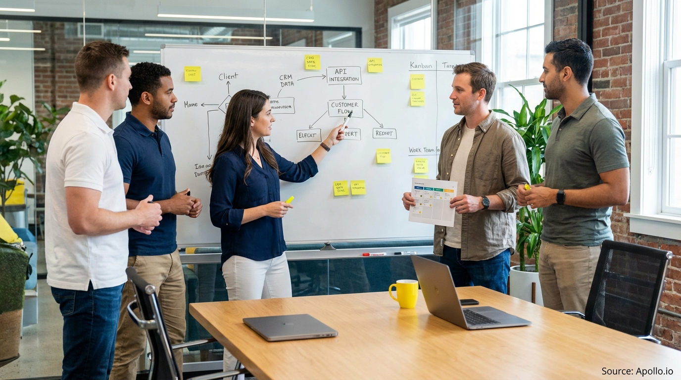 Team having a focused discussion around a meeting table optimizing CRM workflows