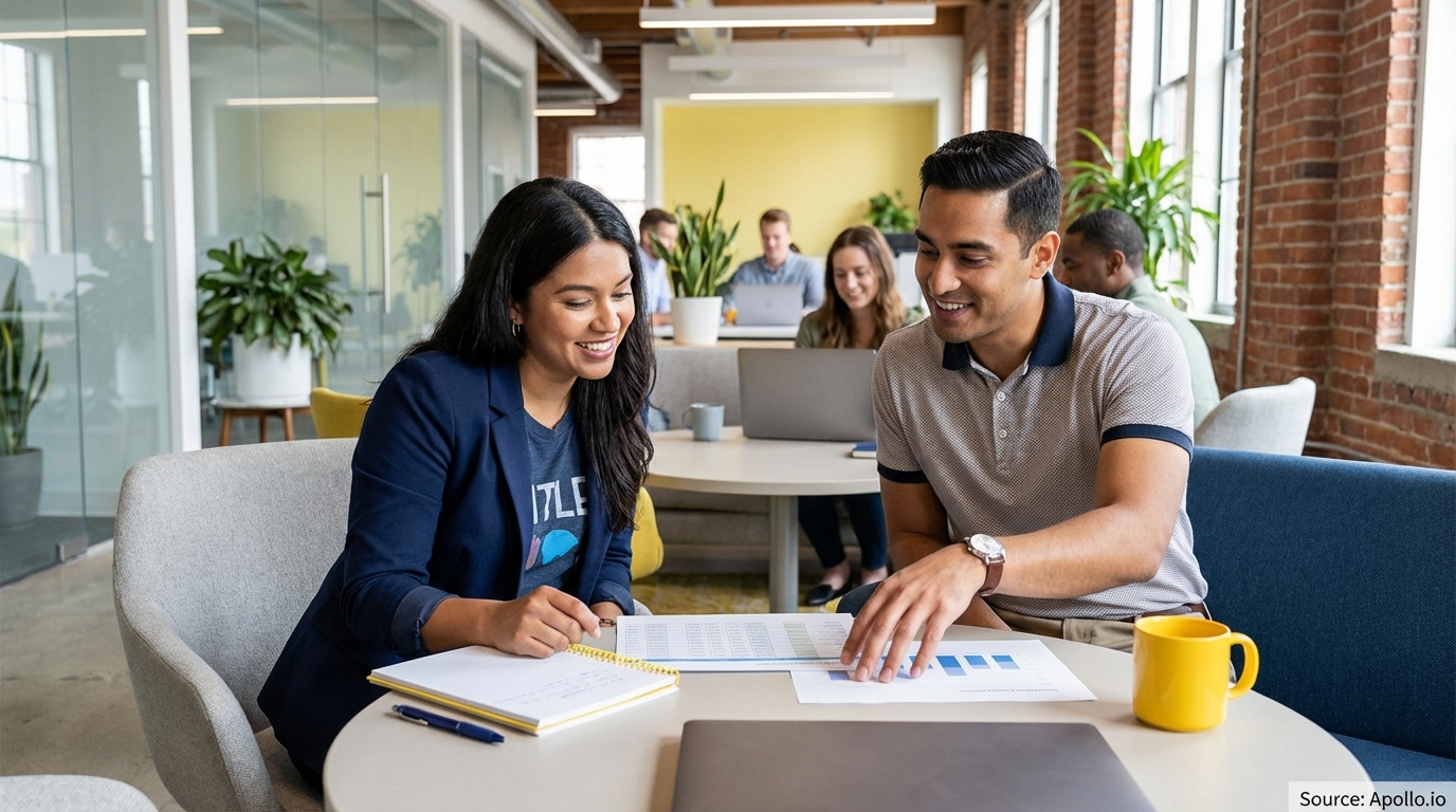 A man and woman review charts and a laptop together, smiling in a modern office.