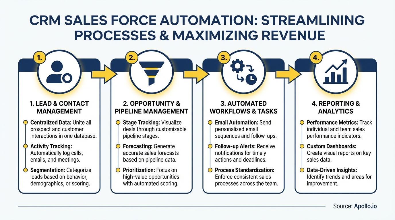 Four-step process diagram on CRM sales force automation with icons.