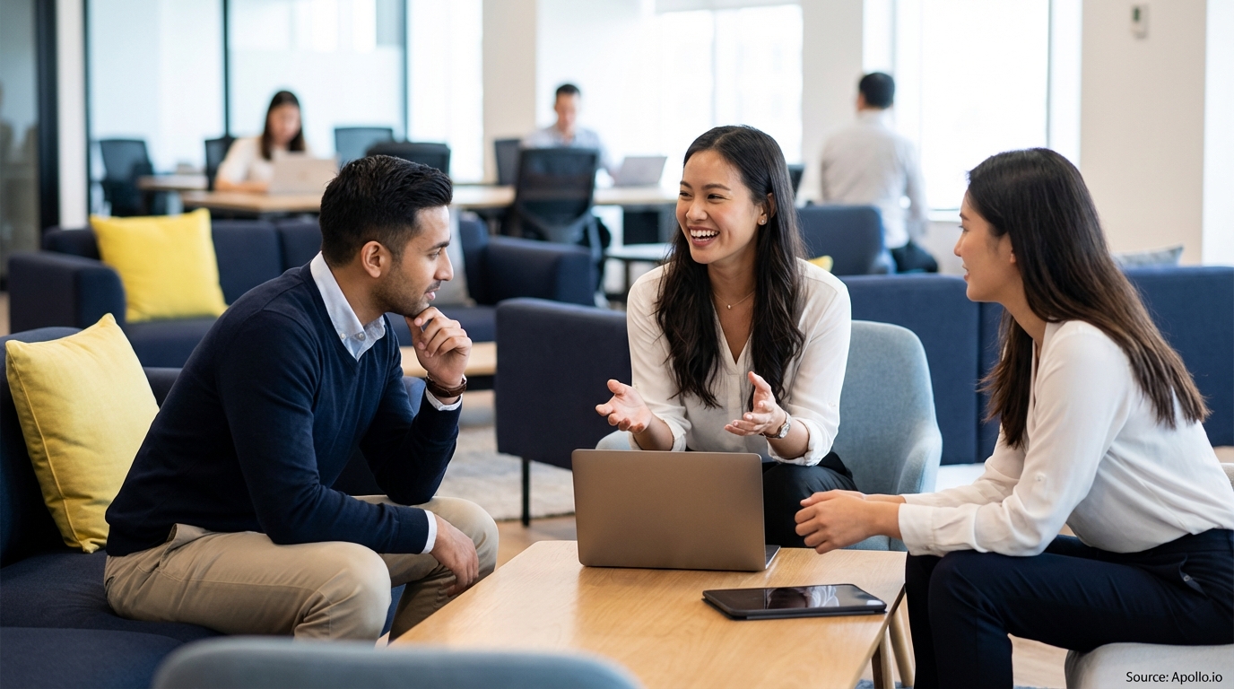 Two women and one man discussing in a modern office lounge with a laptop.