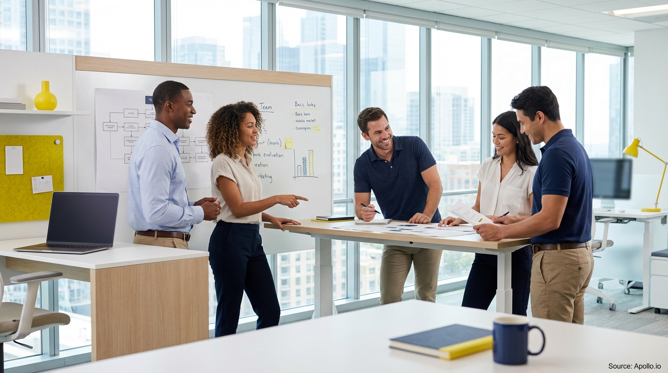 Sales team collaborating in a modern open-plan office optimizing CRM workflows