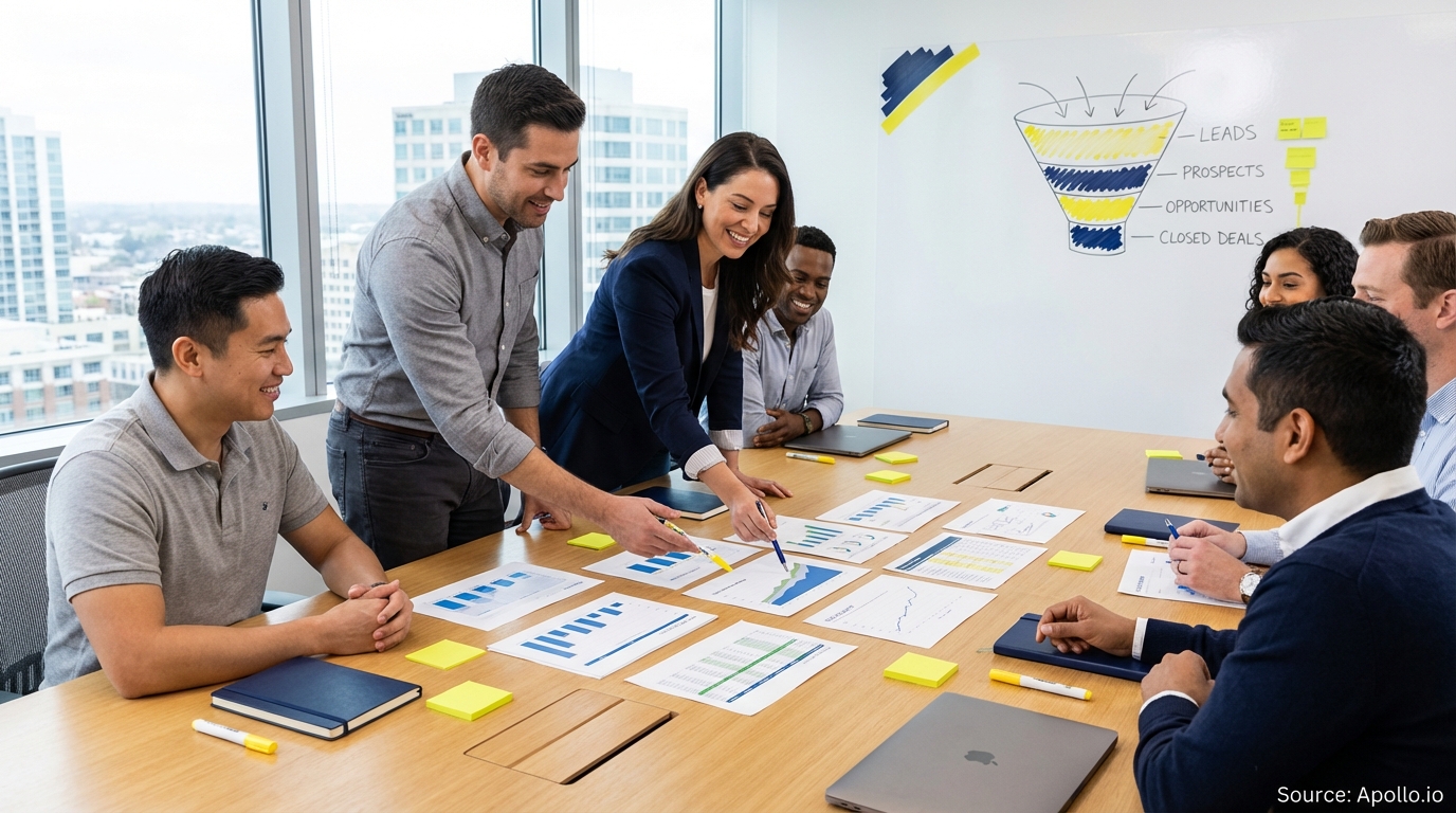 Sales professionals discussing strategy around a conference table optimizing CRM workflows