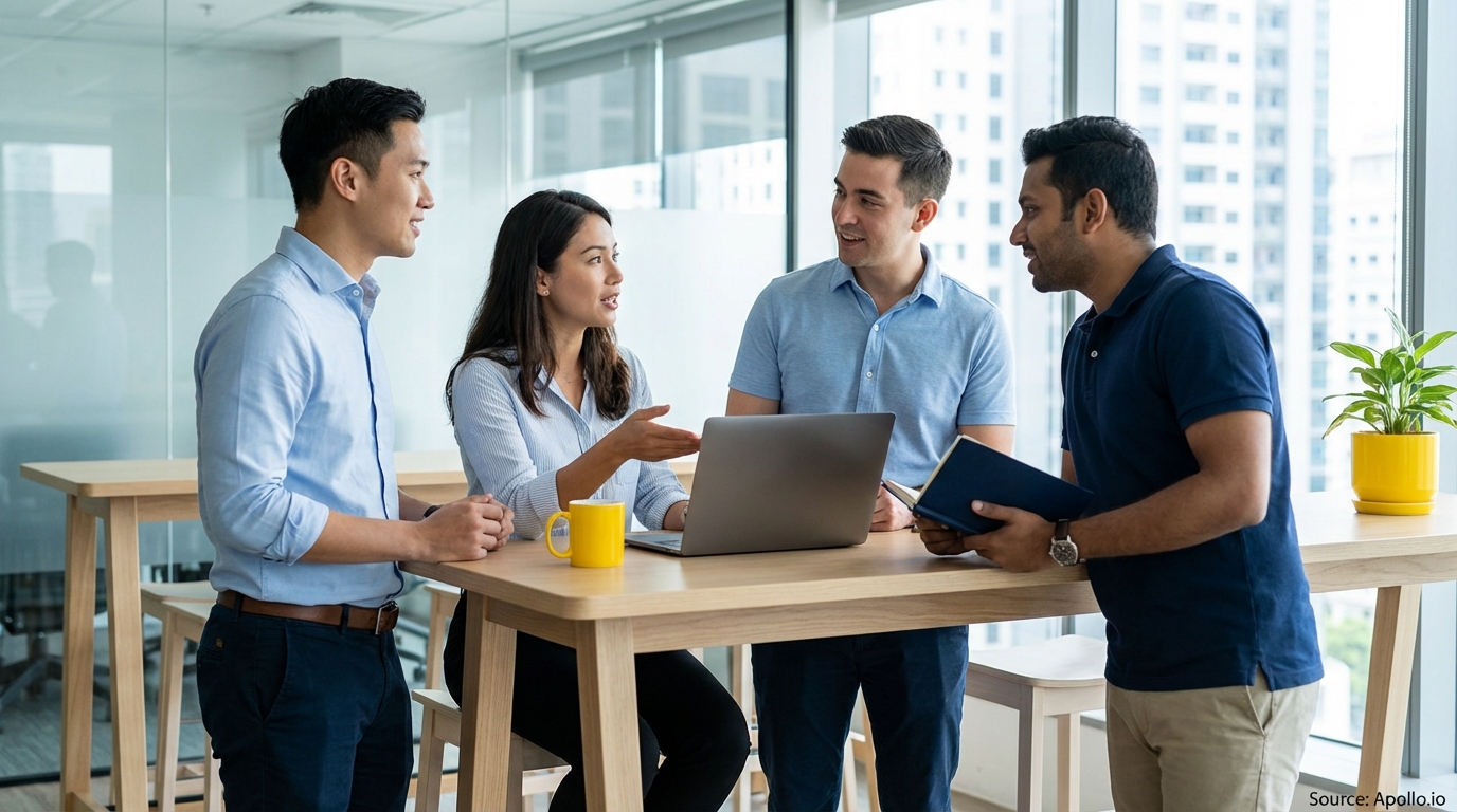 Four diverse colleagues discussing around a laptop at a modern office table.