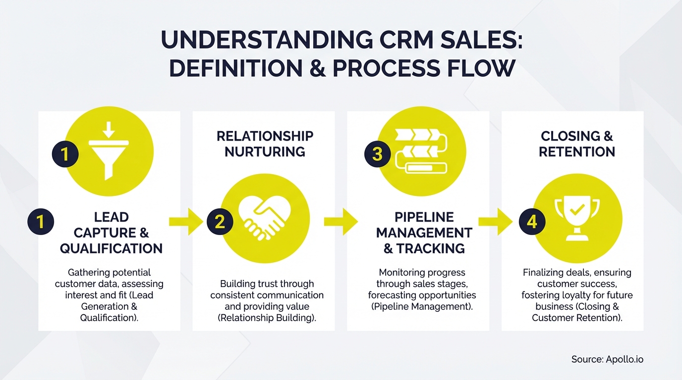 A four-step diagram illustrating the CRM sales process flow from lead capture to closing.