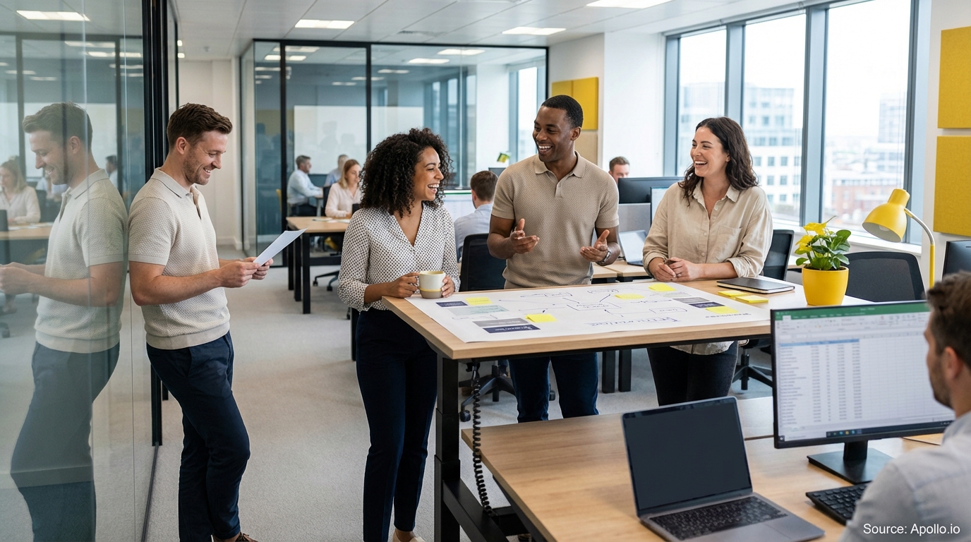 Sales team collaborating in a modern open-plan office optimizing CRM workflows