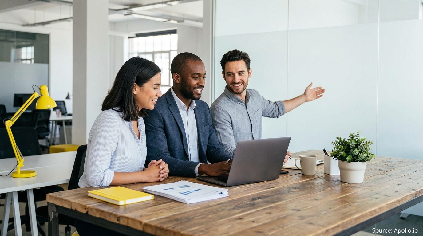 Three smiling professionals collaborate at a laptop, one gesturing, in a modern office.