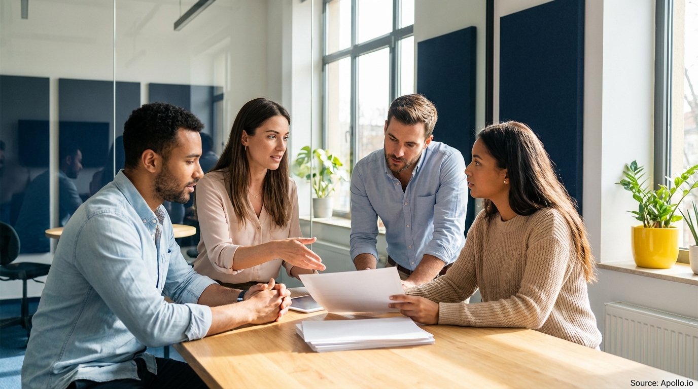 Four diverse professionals discussing documents at a modern office table.