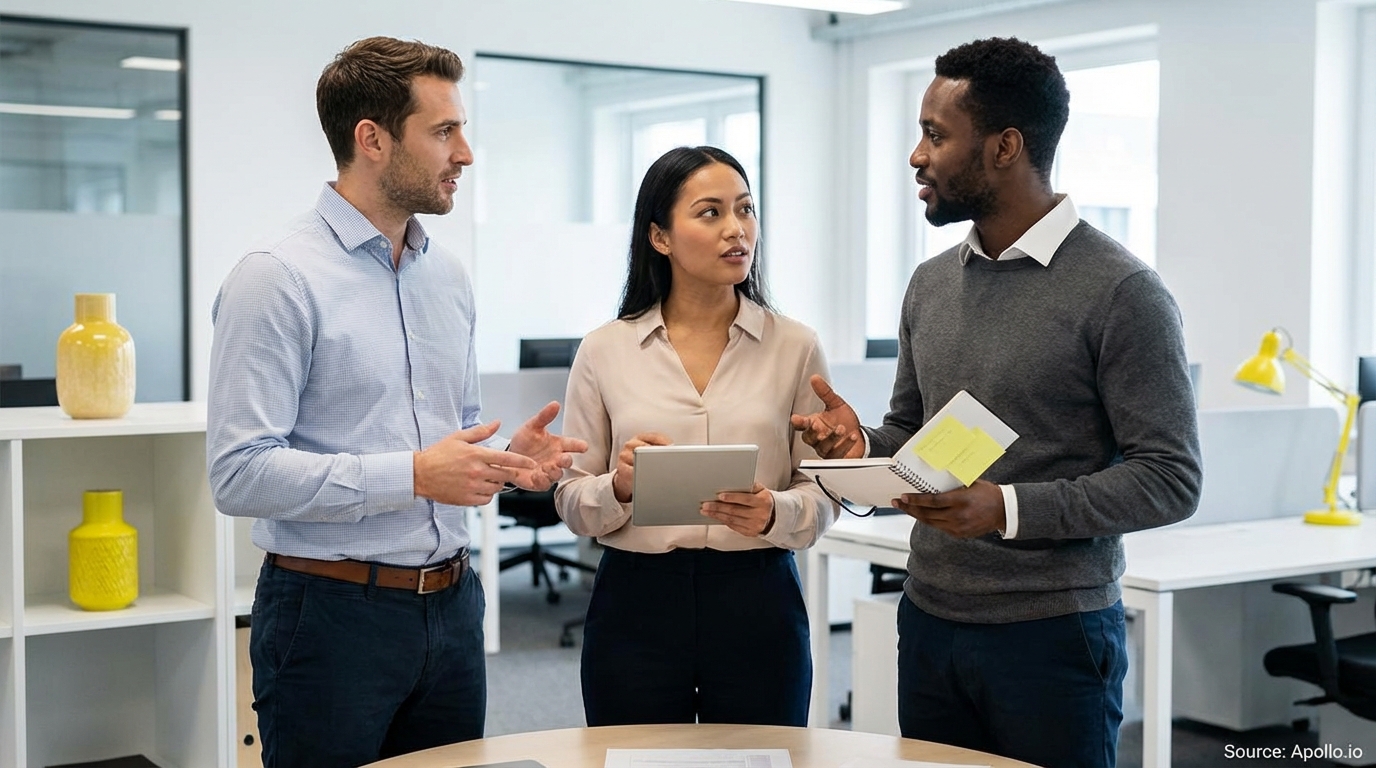 Three colleagues discuss in a modern office, a woman with a tablet and a man with a notebook.