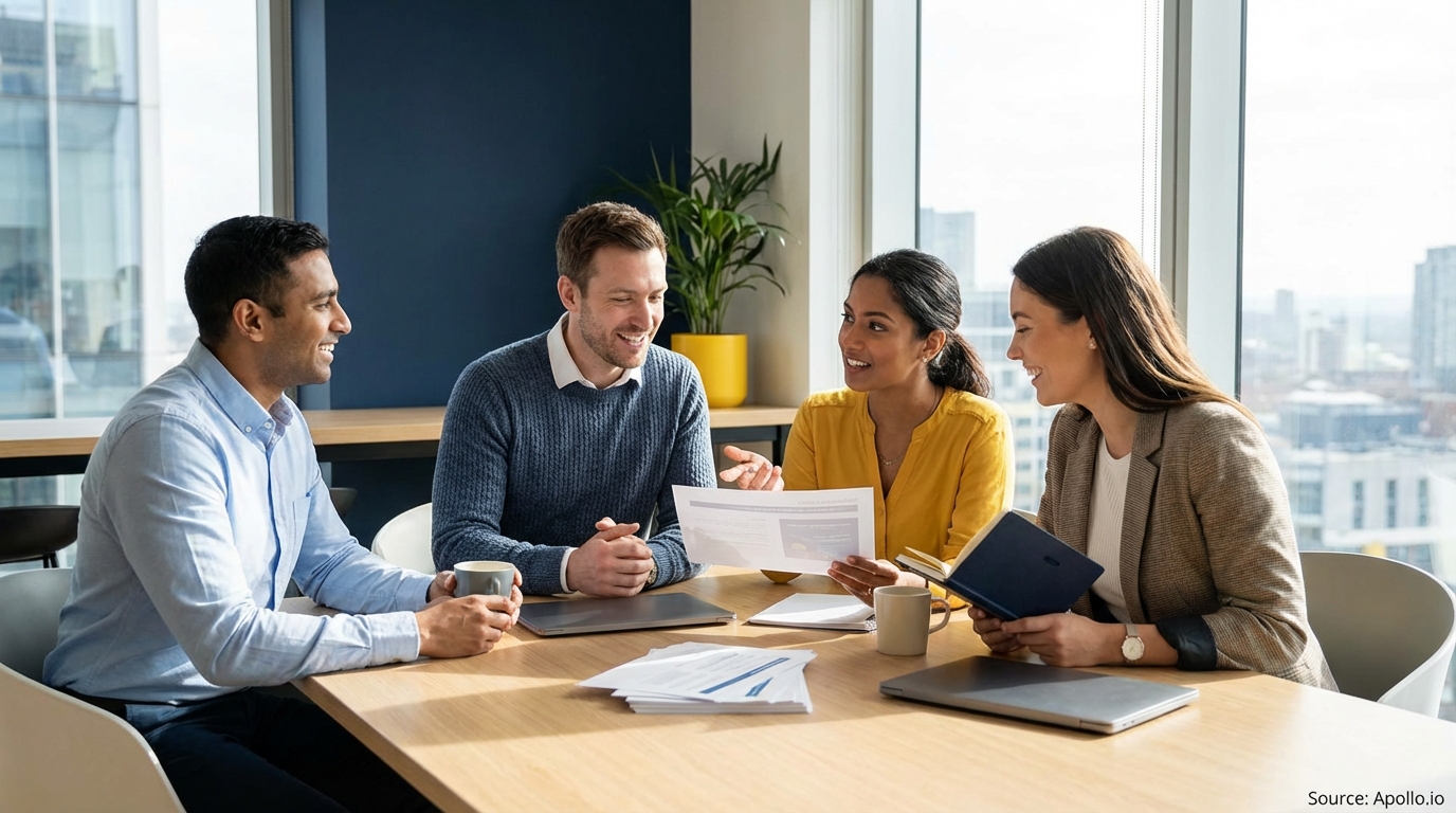 Four diverse professionals review documents and converse at a bright, modern office table.
