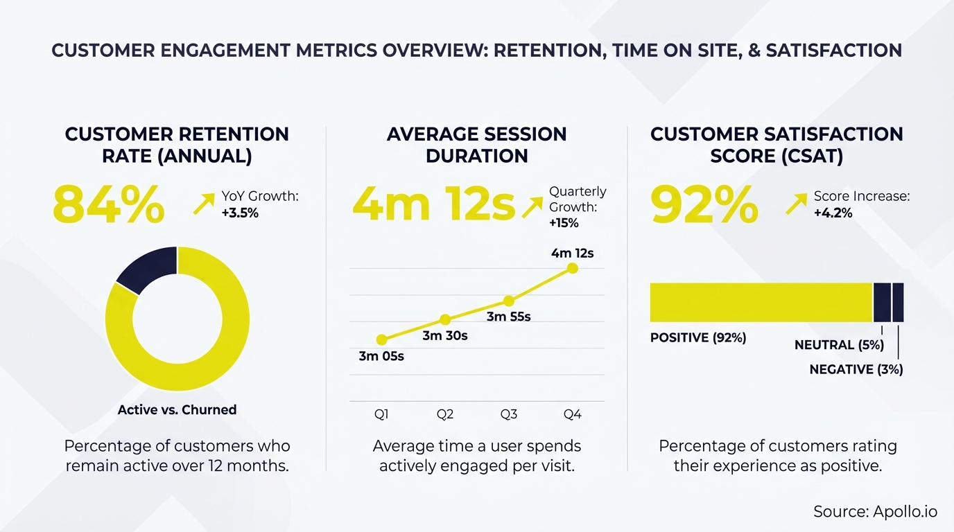 Infographic showing customer retention, average session duration, and satisfaction scores.