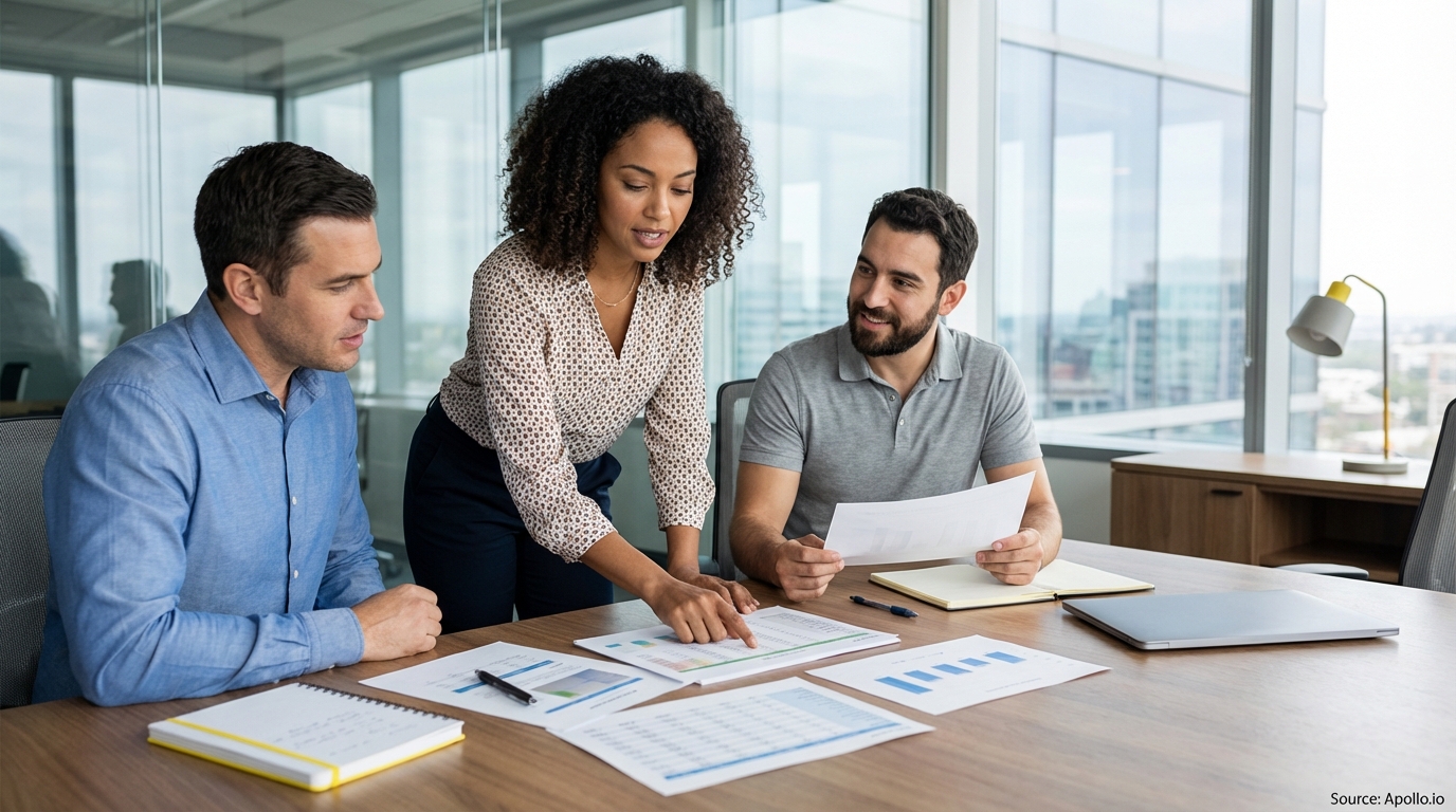 Three professionals discussing documents and charts at a modern office table.