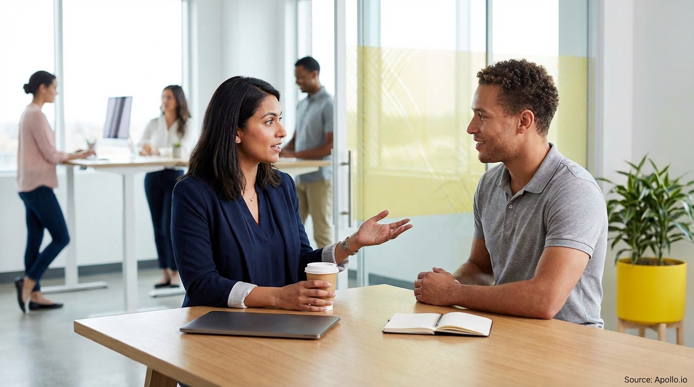 Two people discuss at a table, while three others work in a modern office.