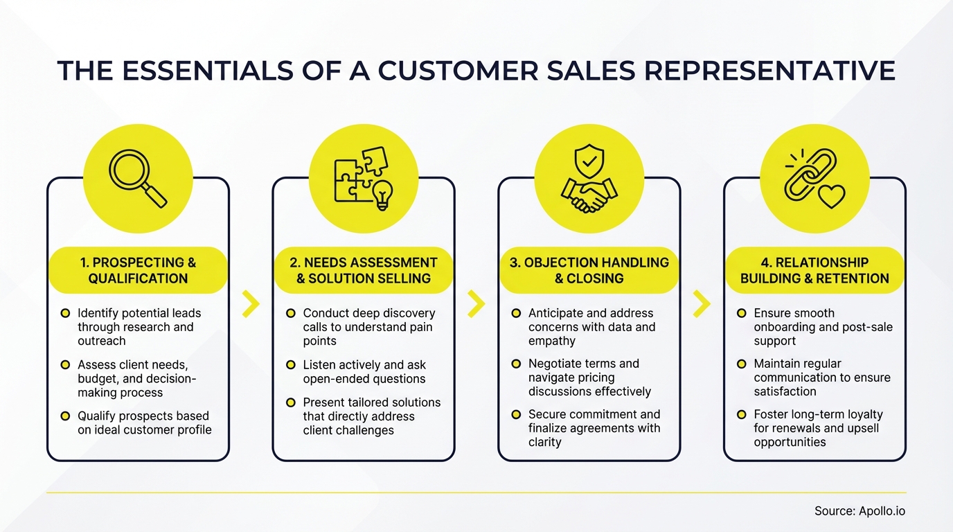 Four-step infographic illustrating a customer sales representative's journey from prospecting to relationship building.