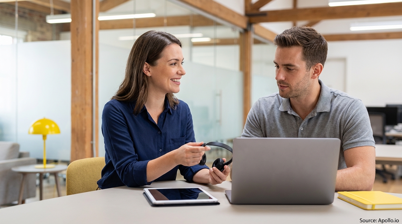 Two colleagues interacting at an office table, one smiling and holding headphones, the other using a laptop.