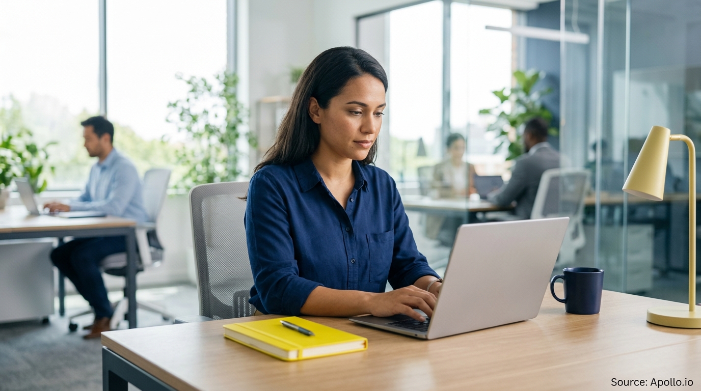 Four professionals work on laptops in a bright, modern open-plan office.