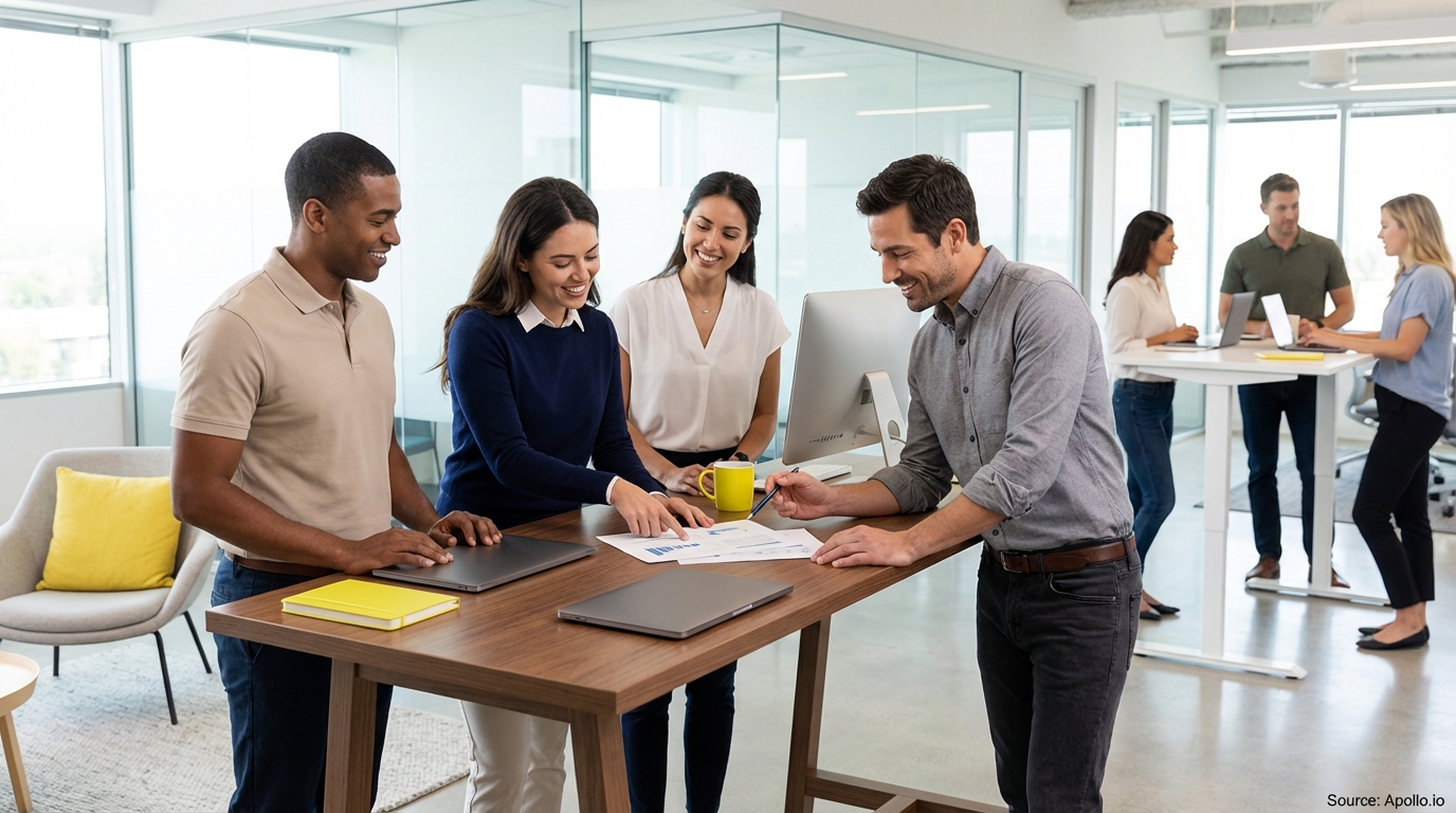 Sales team collaborating in a modern open-plan office in a sales team meeting