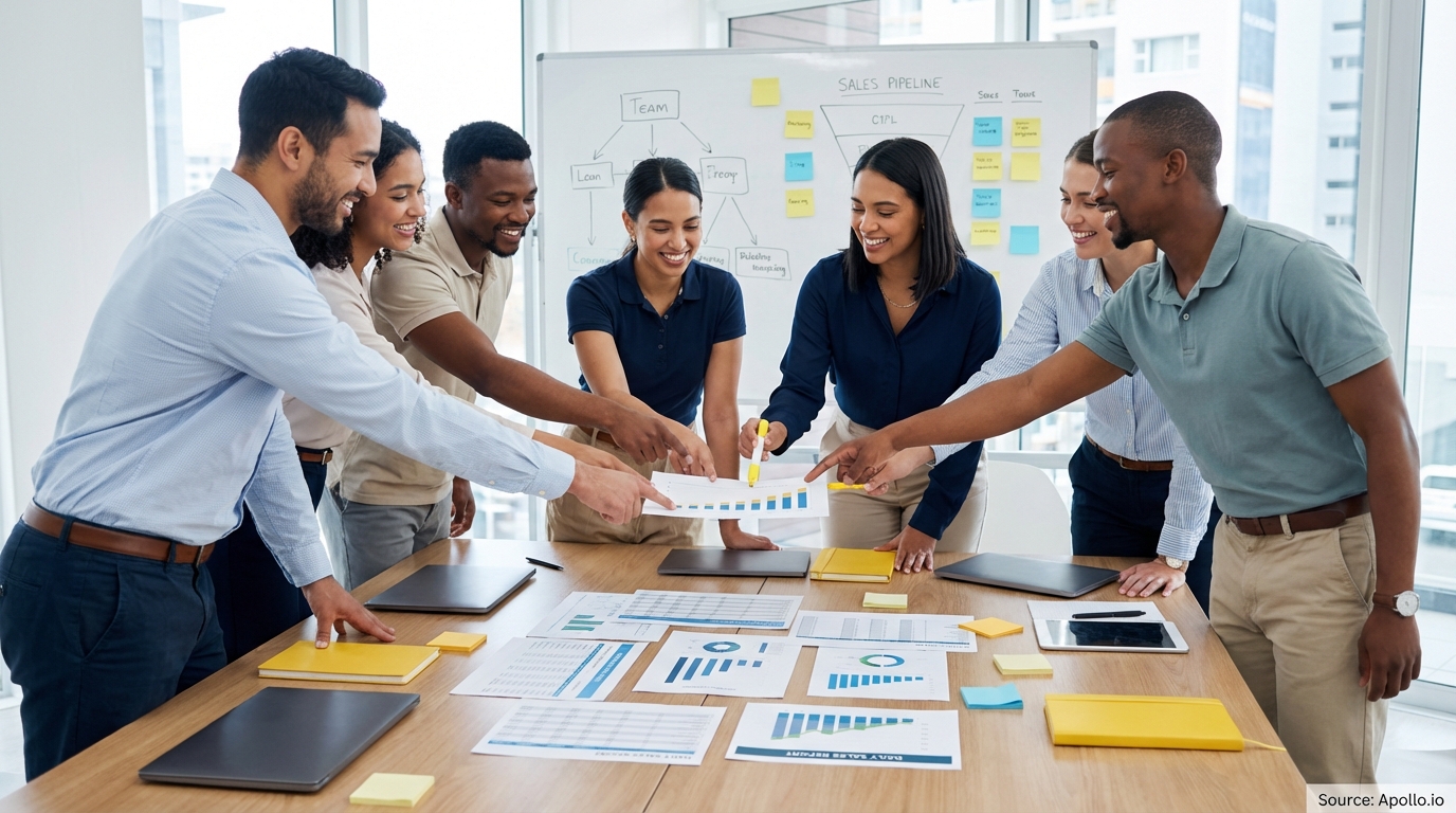 Sales professionals discussing strategy around a conference table in a sales team meeting