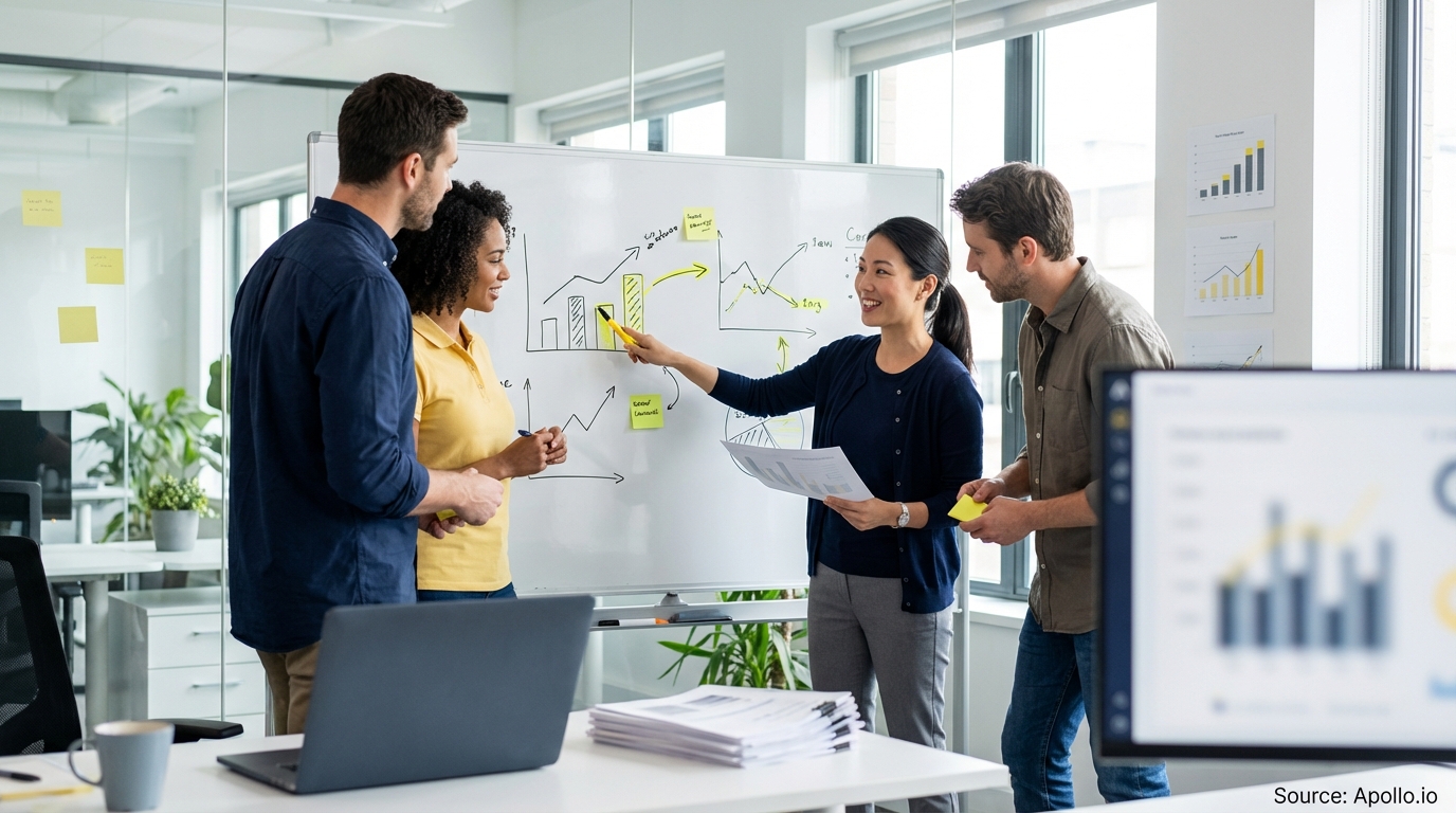 Team reviewing hand-drawn charts on a whiteboard analyzing performance data