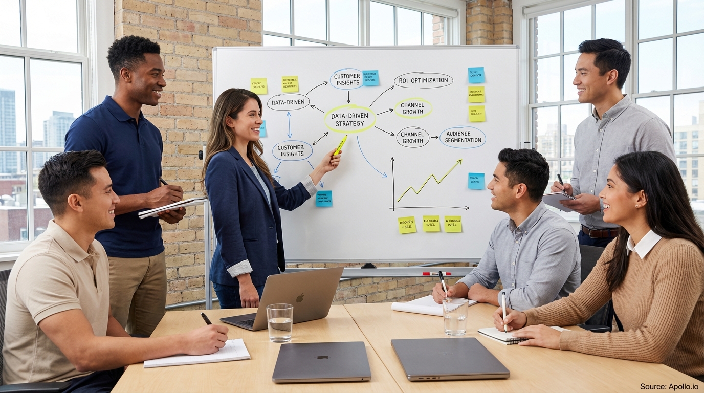 Professional presenting insights on a whiteboard to colleagues analyzing performance data