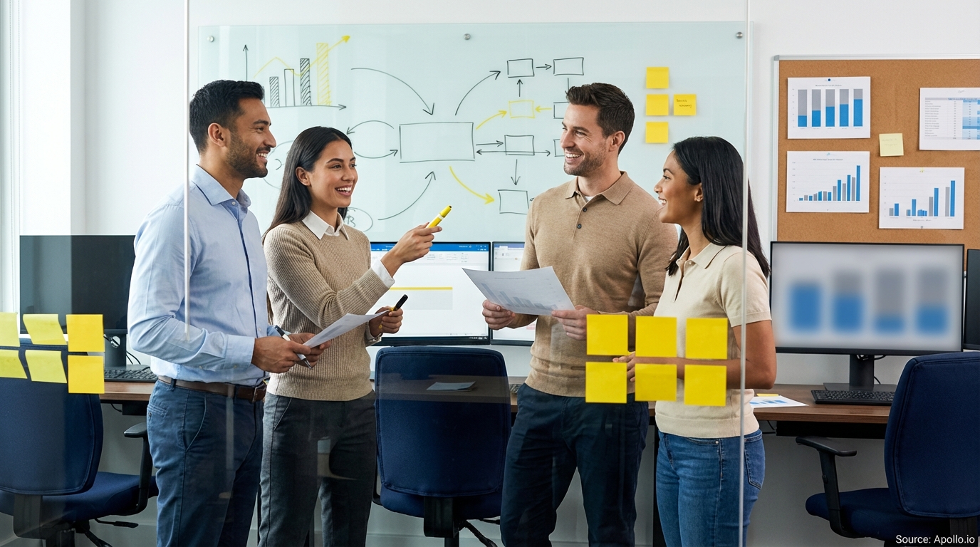 Team reviewing hand-drawn charts on a whiteboard analyzing performance data