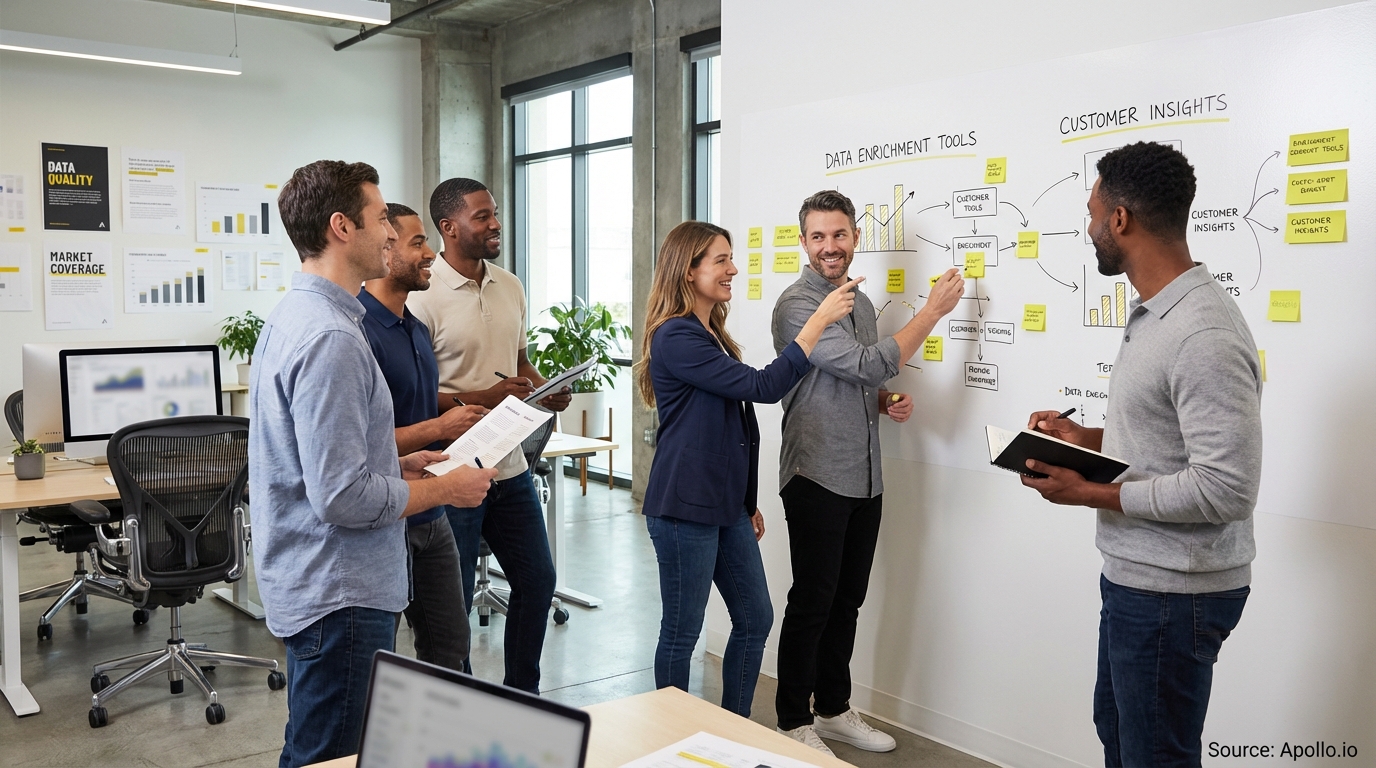 Team reviewing hand-drawn charts on a whiteboard analyzing performance data